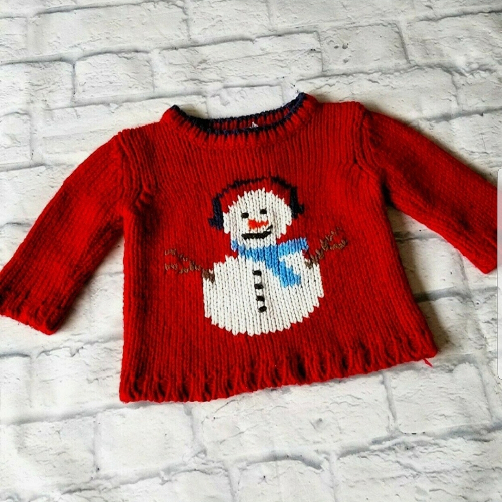 Gap Chunky Red Knit Retro Snowman Sweater- Acrylic/Wool Blend 6/12 Months